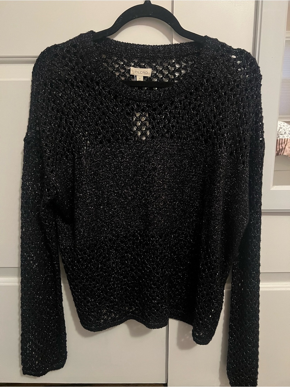 Women’s Anthropologie Black Sparkly Open-Weave Crewneck Sweater Size Small NWT